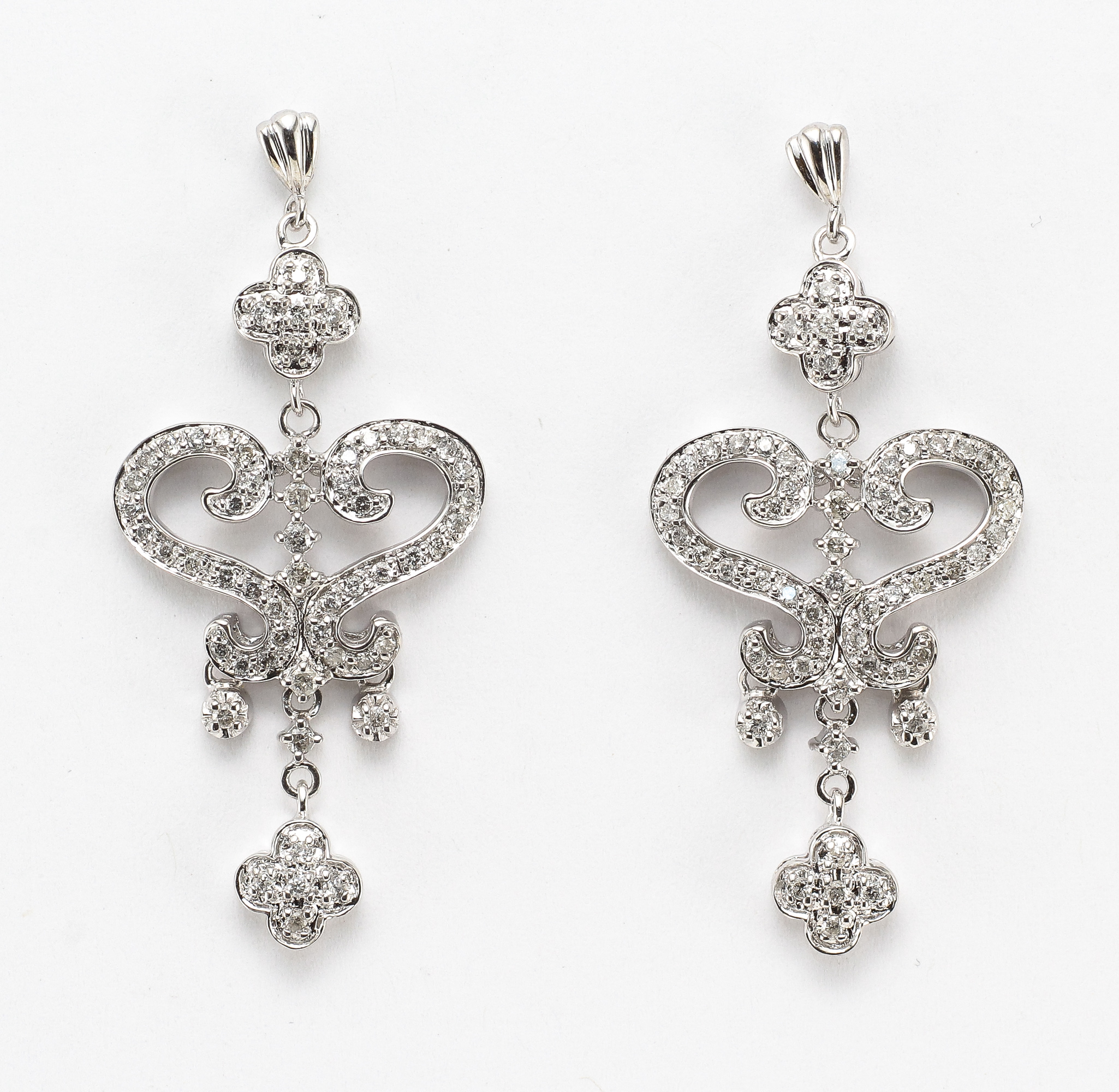14K Diamond Earrings Fleur De Lis Motif White Gold Drop Dangle | eBay